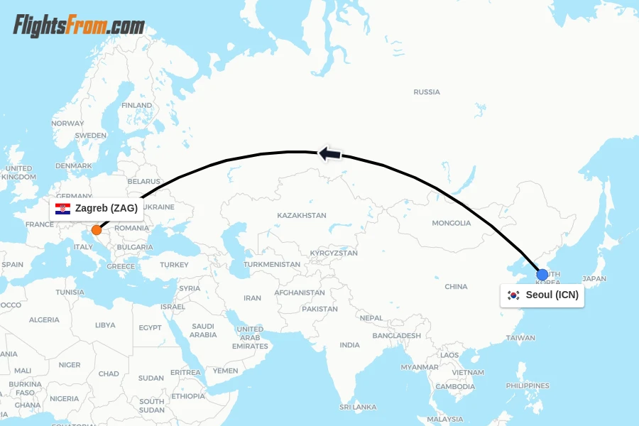Flights from Seoul to Zagreb route map