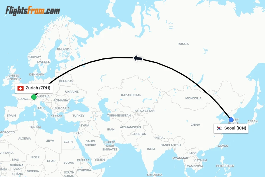 Flights from Seoul to Zurich route map