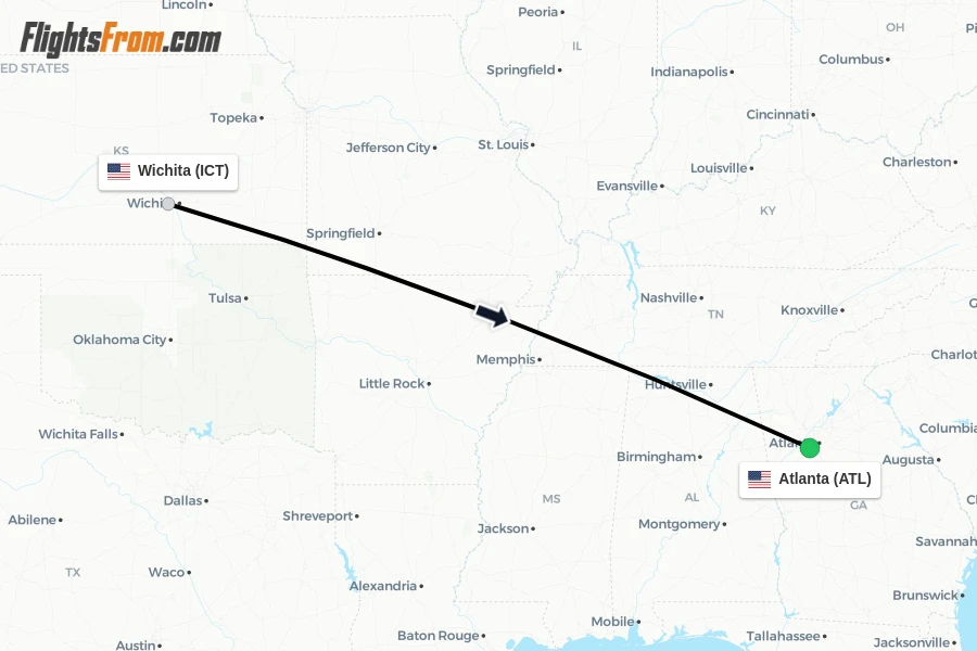 Flights from Wichita to Atlanta route map