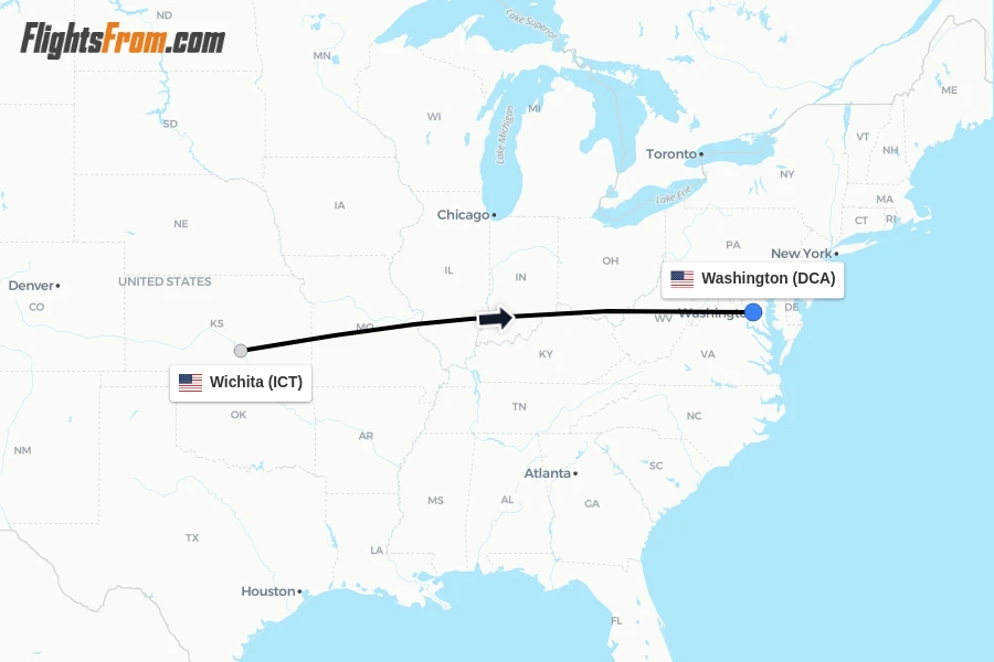 Flights from Wichita to Washington route map
