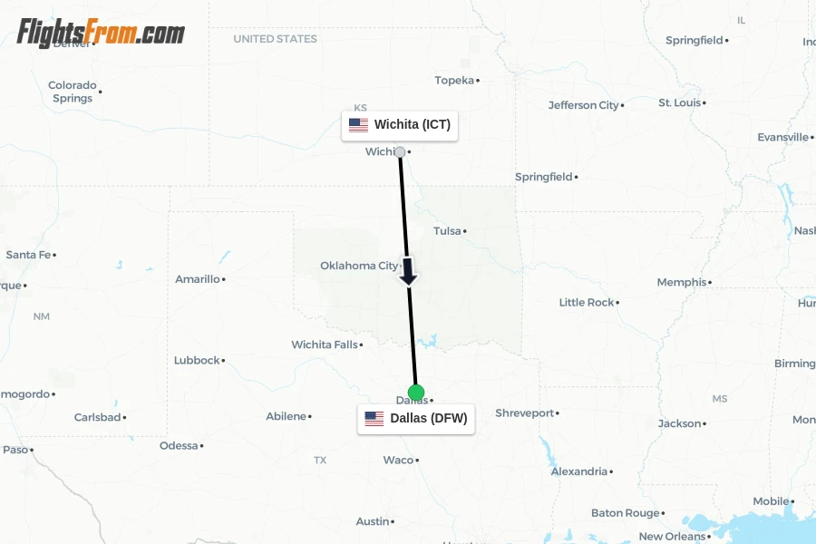 Flights from Wichita to Dallas route map