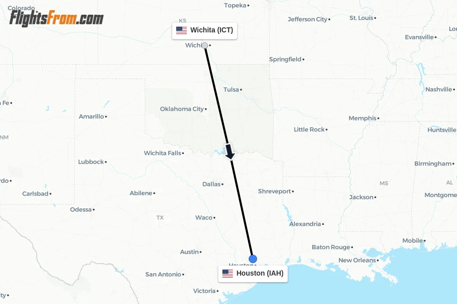 Flights from Wichita to Houston route map