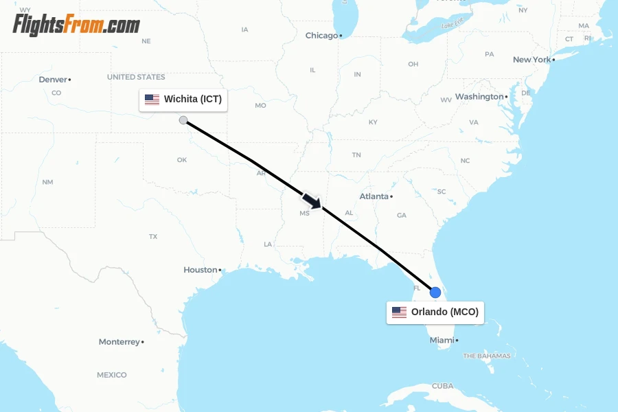 Flights from Wichita to Orlando route map