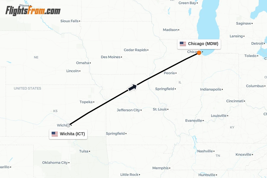 Flights from Wichita to Chicago route map