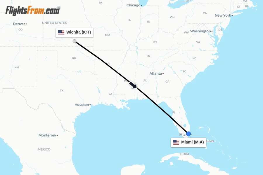 Flights from Wichita to Miami route map