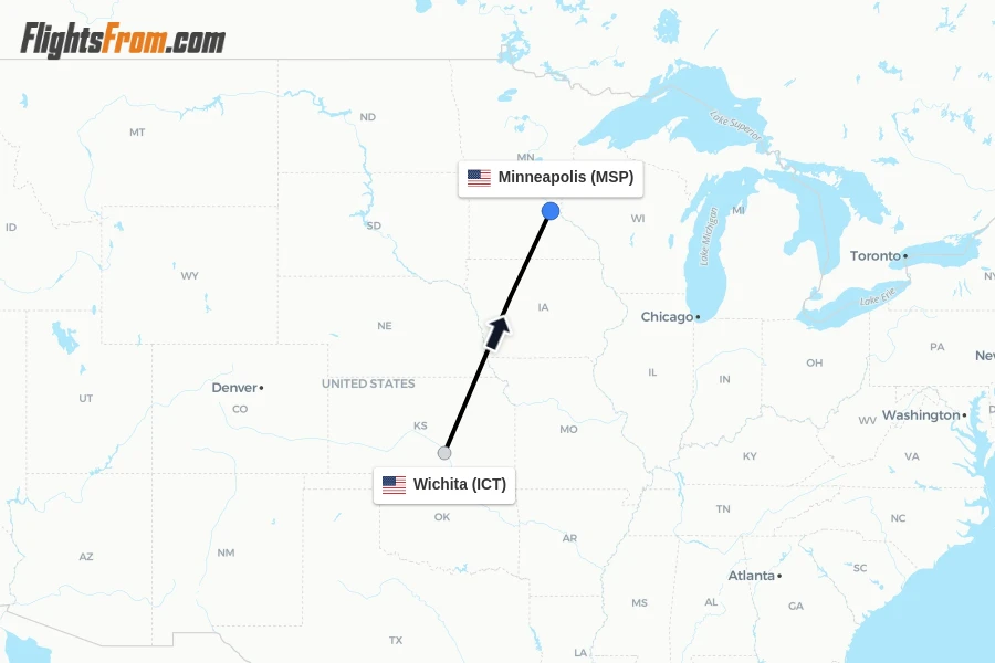 Flights from Wichita to Minneapolis route map