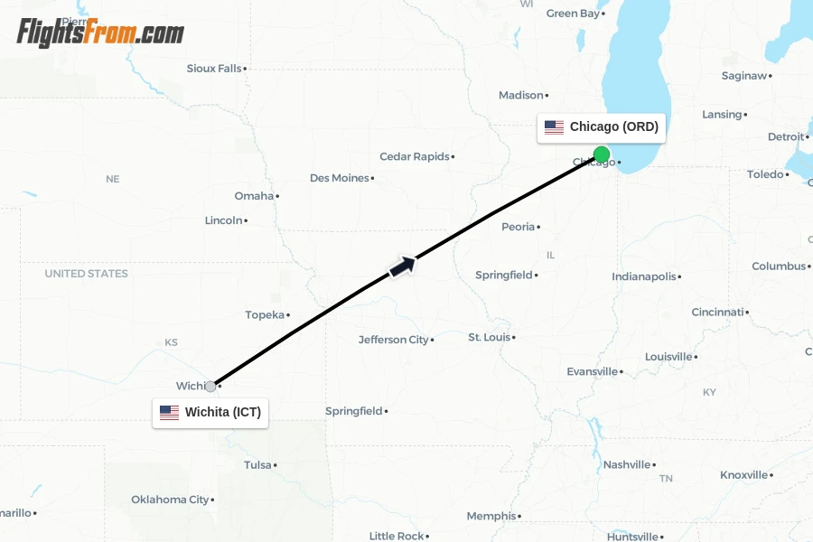 Flights from Wichita to Chicago route map