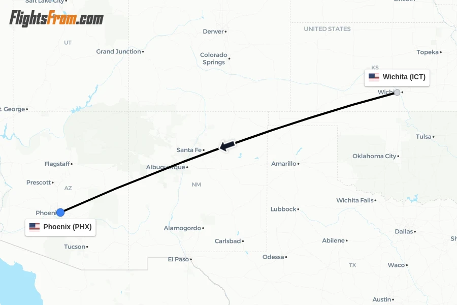 Flights from Wichita to Phoenix route map
