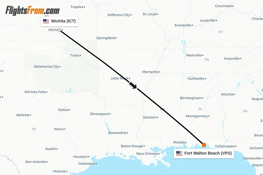 Flights from Wichita to Fort Walton Beach route map