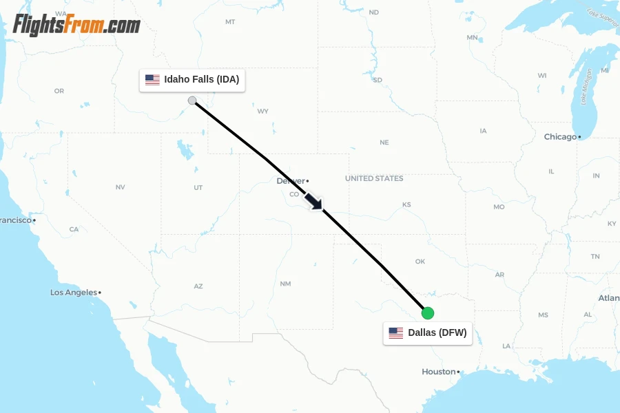 Flights from Idaho Falls to Dallas route map
