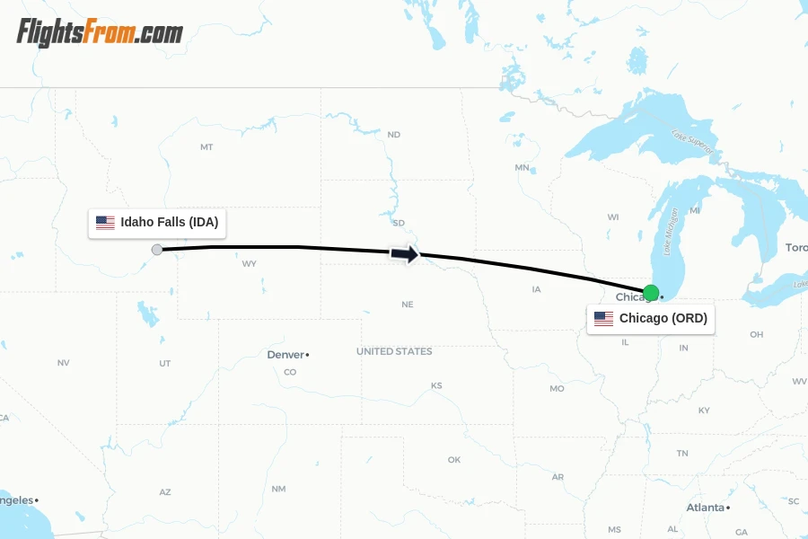 Flights from Idaho Falls to Chicago route map