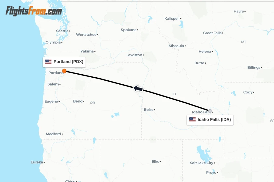 Flights from Idaho Falls to Portland route map