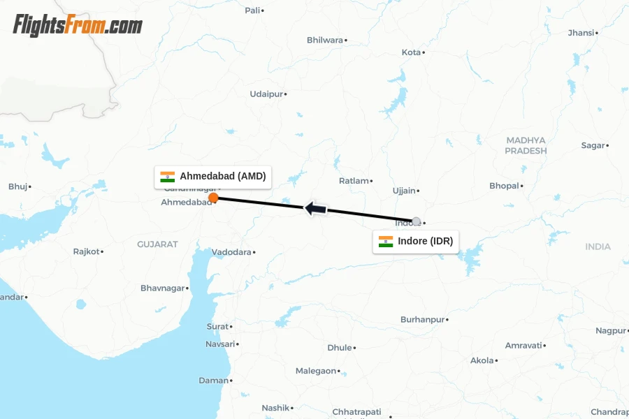 Flights from Indore to Ahmedabad route map