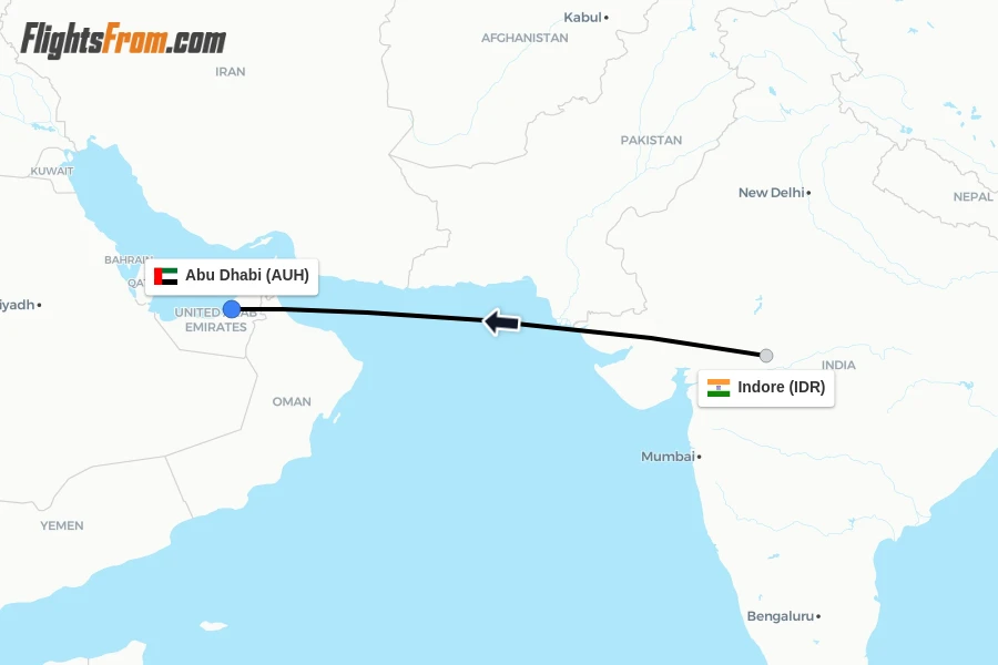 Flights from Indore to Abu Dhabi route map
