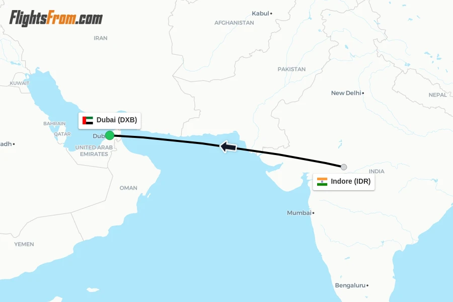 Flights from Indore to Dubai route map