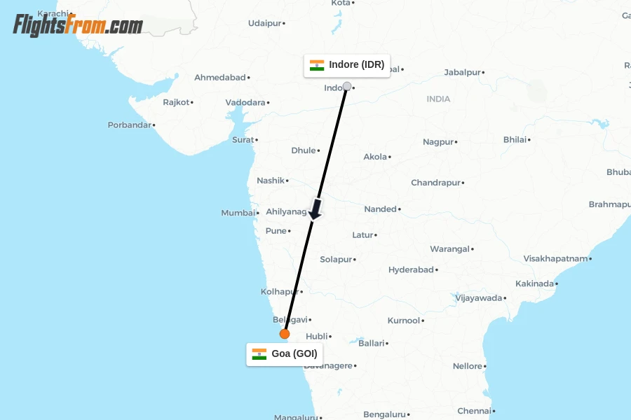 Flights from Indore to Goa route map