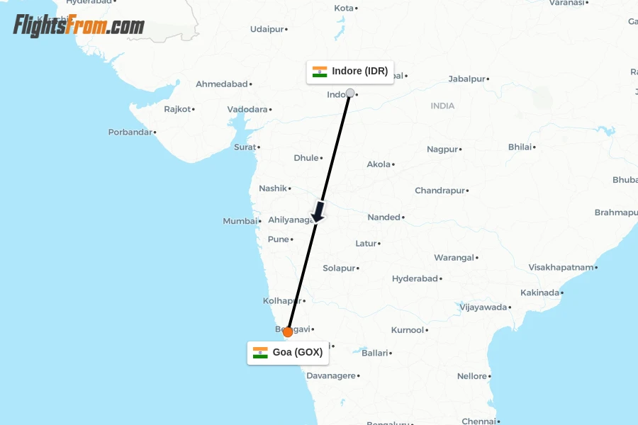 Flights from Indore to Goa route map