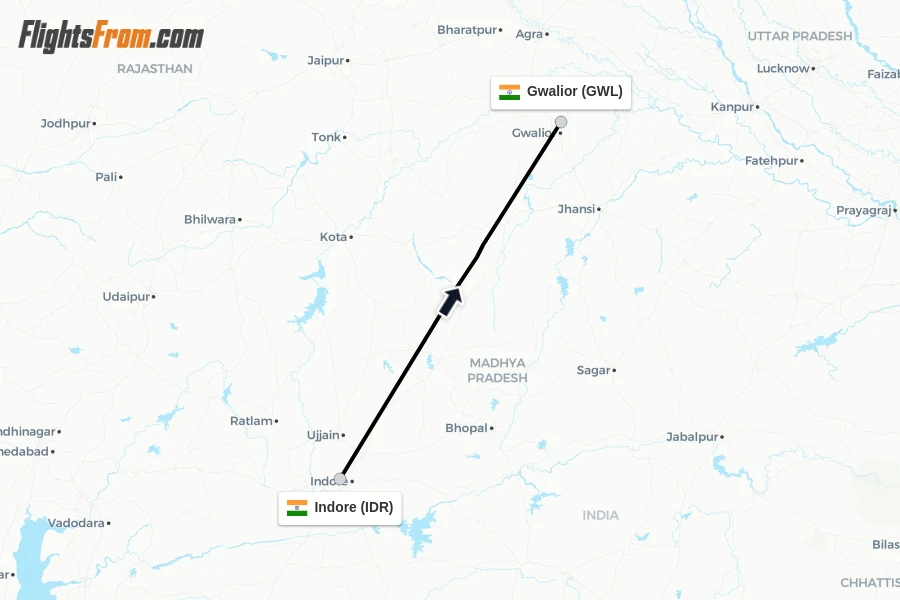 Flights from Indore to Gwalior route map