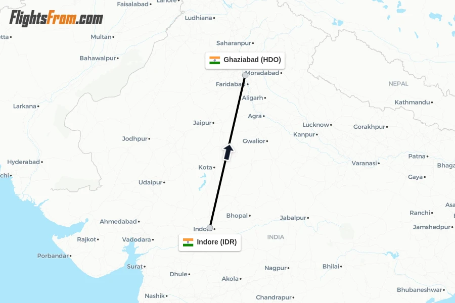 Flights from Indore to Ghaziabad route map
