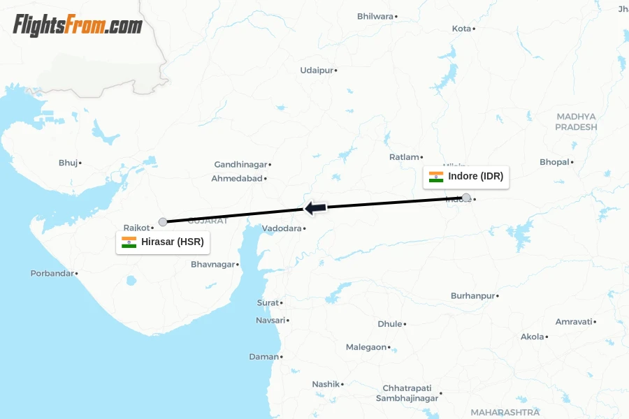 Flights from Indore to Hirasar route map