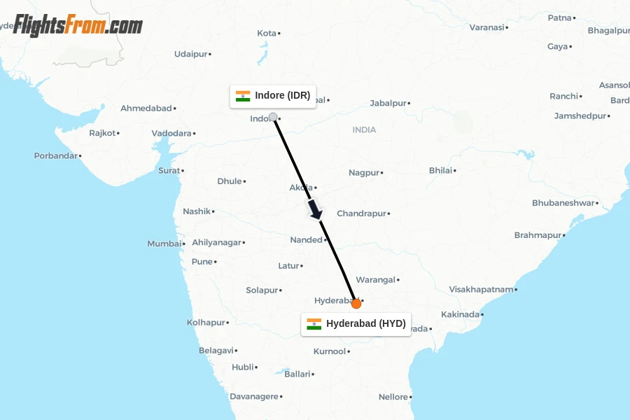Flights from Indore to Hyderabad route map