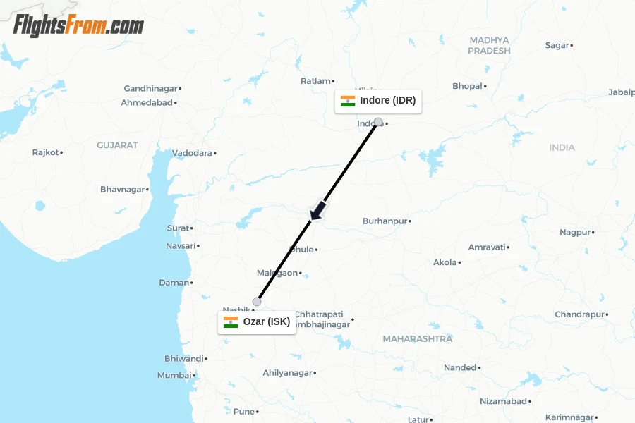 Flights from Indore to Ozar route map