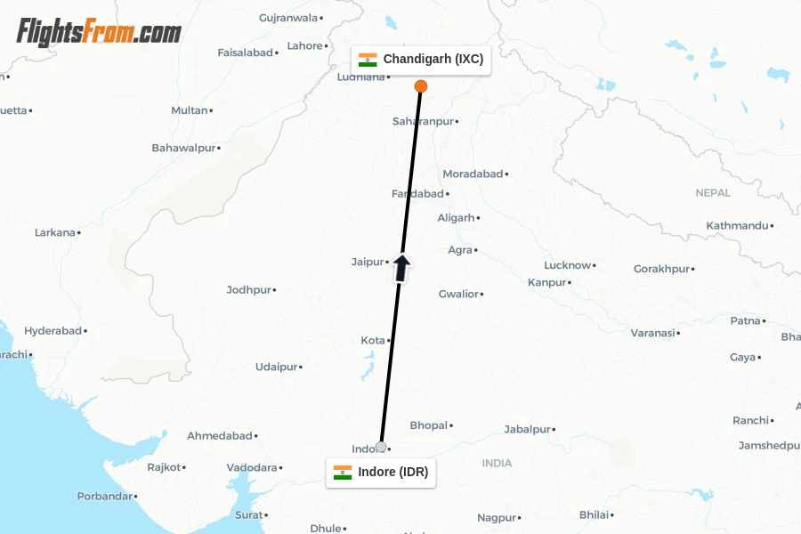 Flights from Indore to Chandigarh route map