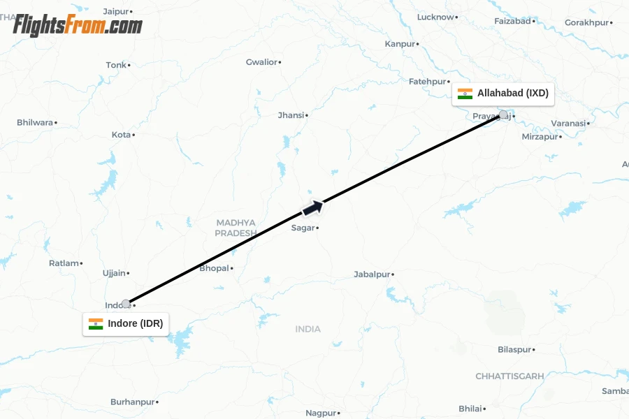 Flights from Indore to Allahabad route map