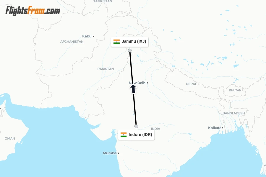 Flights from Indore to Jammu route map