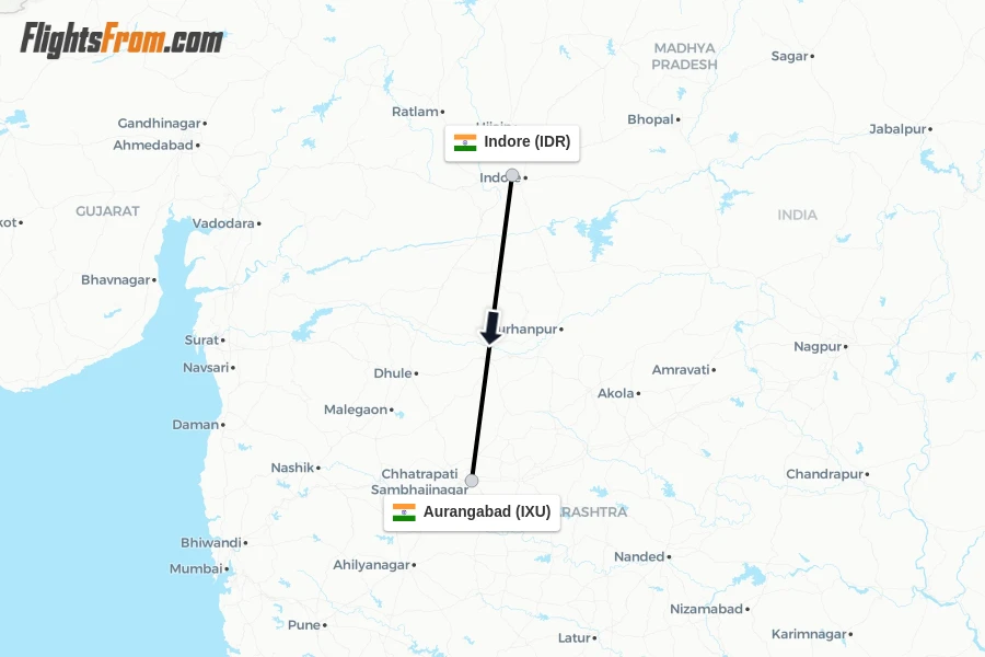 Flights from Indore to Aurangabad route map