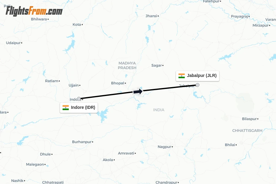 Flights from Indore to Jabalpur route map