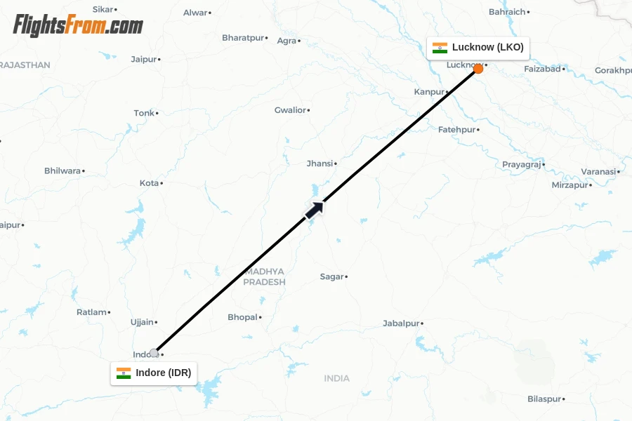 Flights from Indore to Lucknow route map