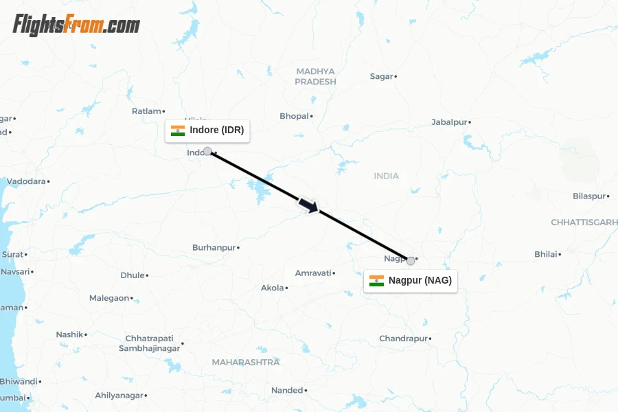 Flights from Indore to Nagpur route map