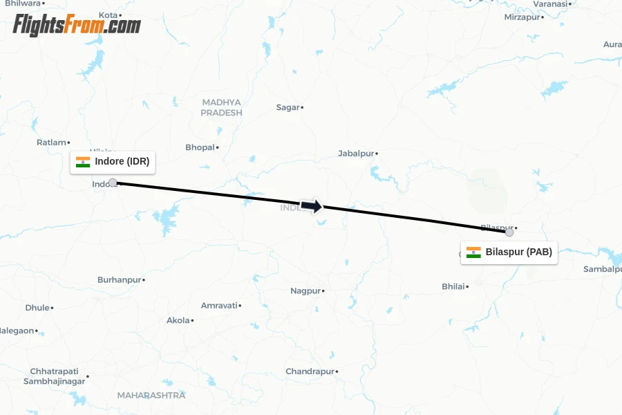 Flights from Indore to Bilaspur route map