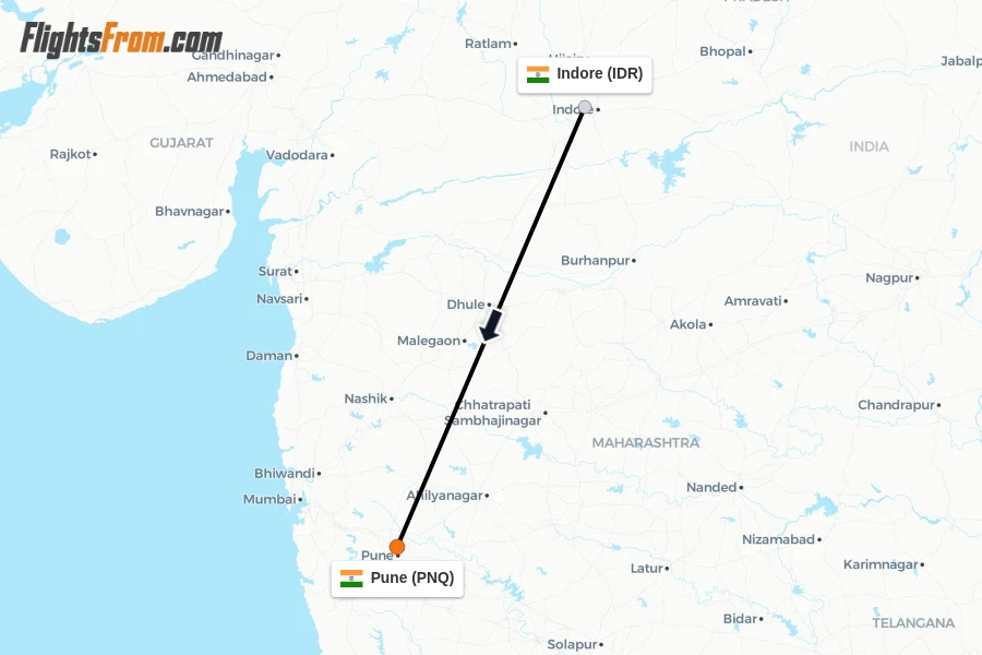 Flights from Indore to Pune route map
