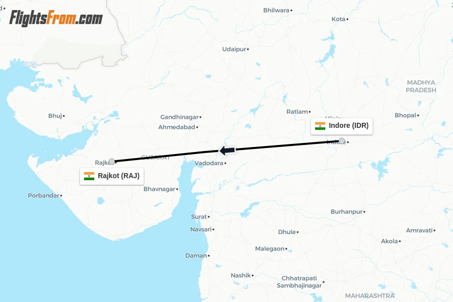 Flights from Indore to Rajkot route map