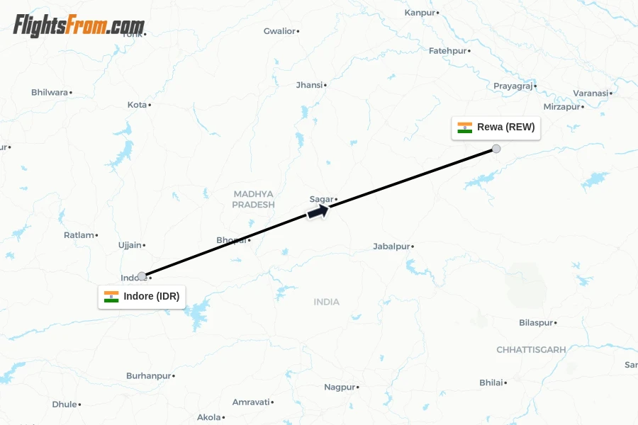 Flights from Indore to Rewa route map