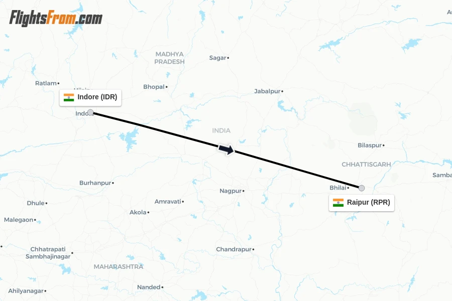 Flights from Indore to Raipur route map