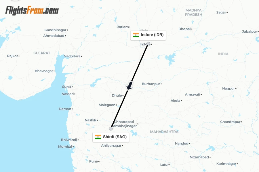 Flights from Indore to Shirdi route map
