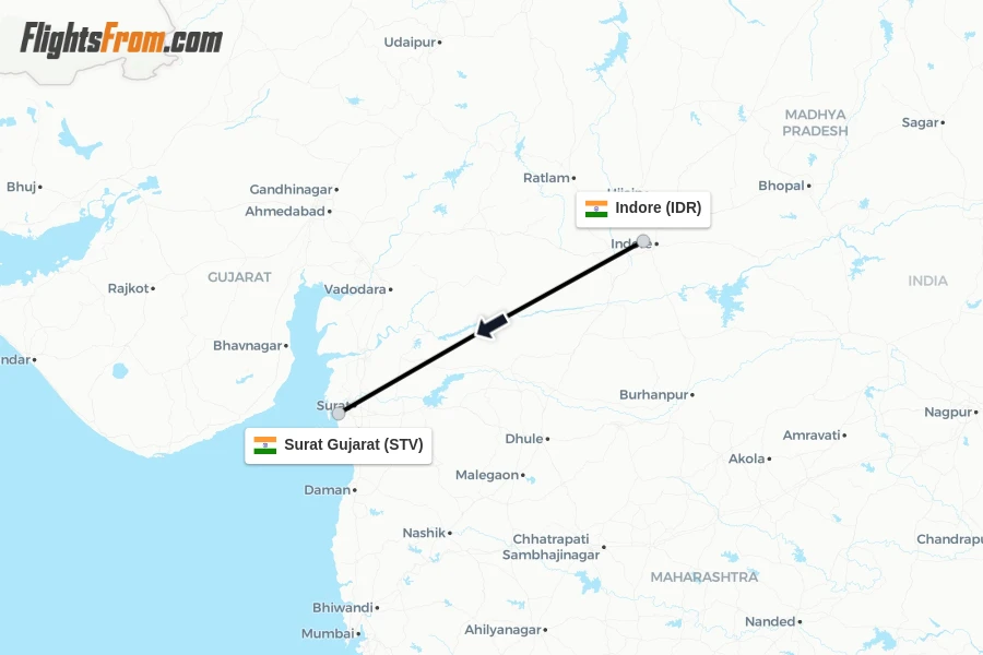 Flights from Indore to Surat Gujarat route map
