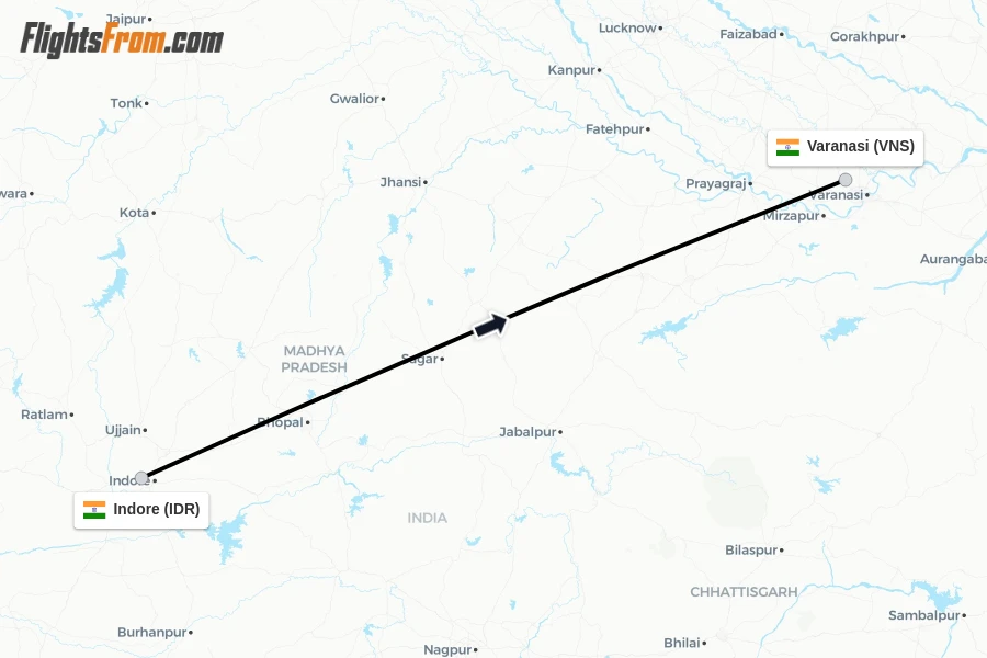 Flights from Indore to Varanasi route map
