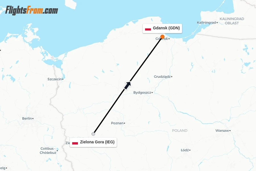 Flights from Zielona Gora to Gdansk route map