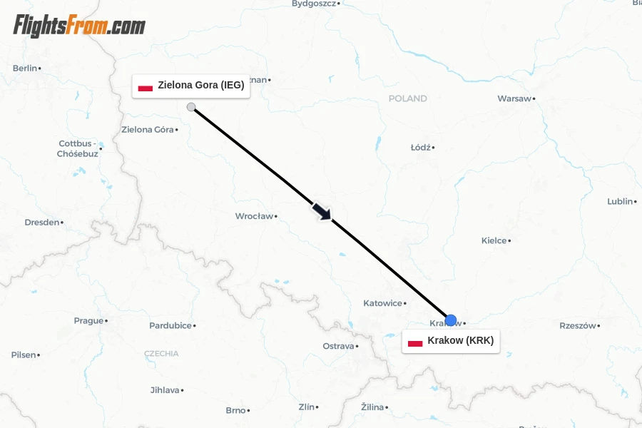 Flights from Zielona Gora to Krakow route map
