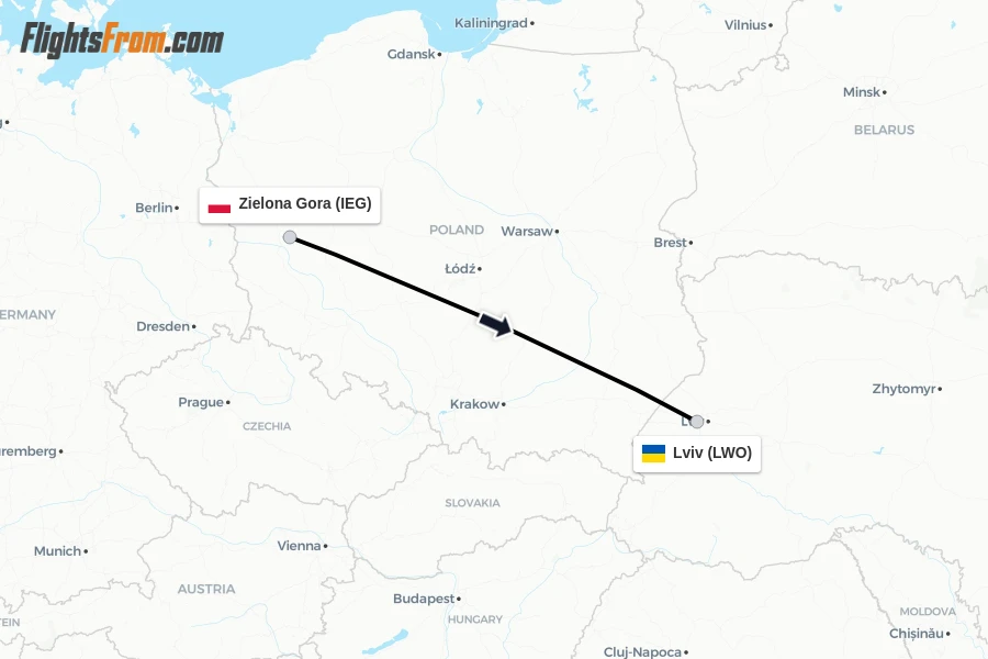 Flights from Zielona Gora to Lviv route map