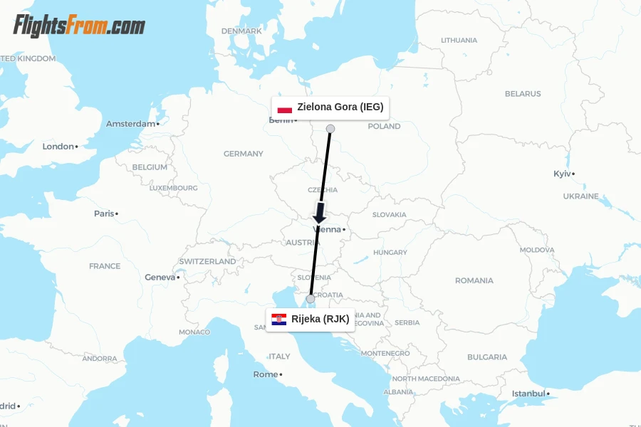 Flights from Zielona Gora to Rijeka route map
