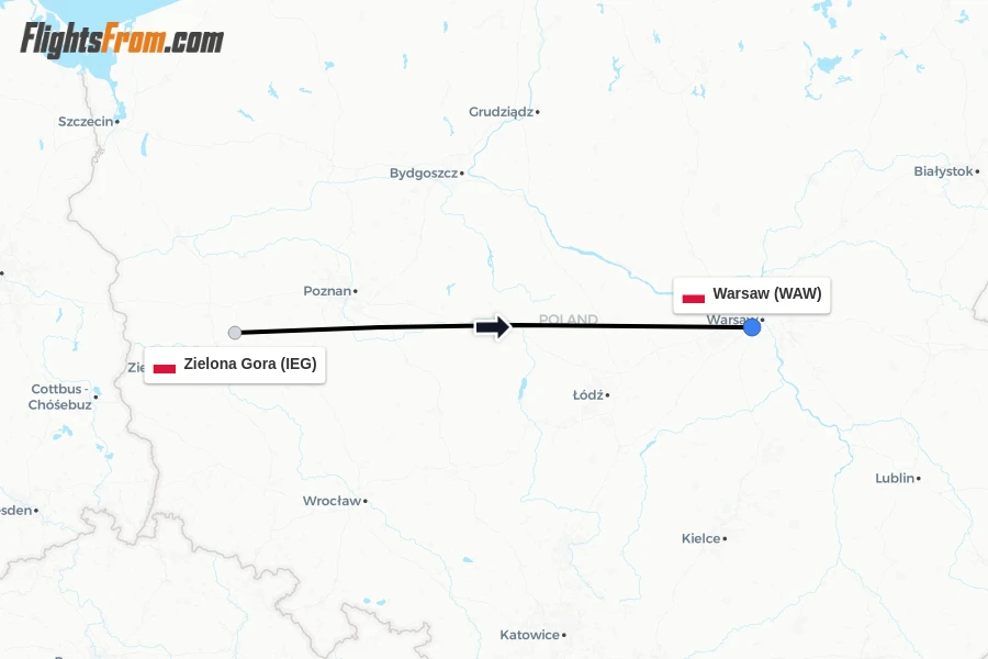 Flights from Zielona Gora to Warsaw route map