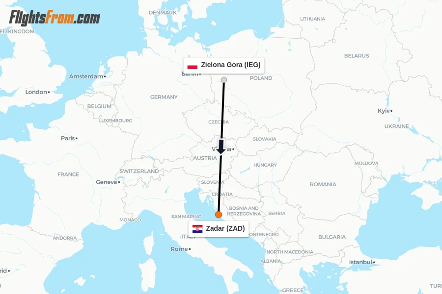 Flights from Zielona Gora to Zadar route map
