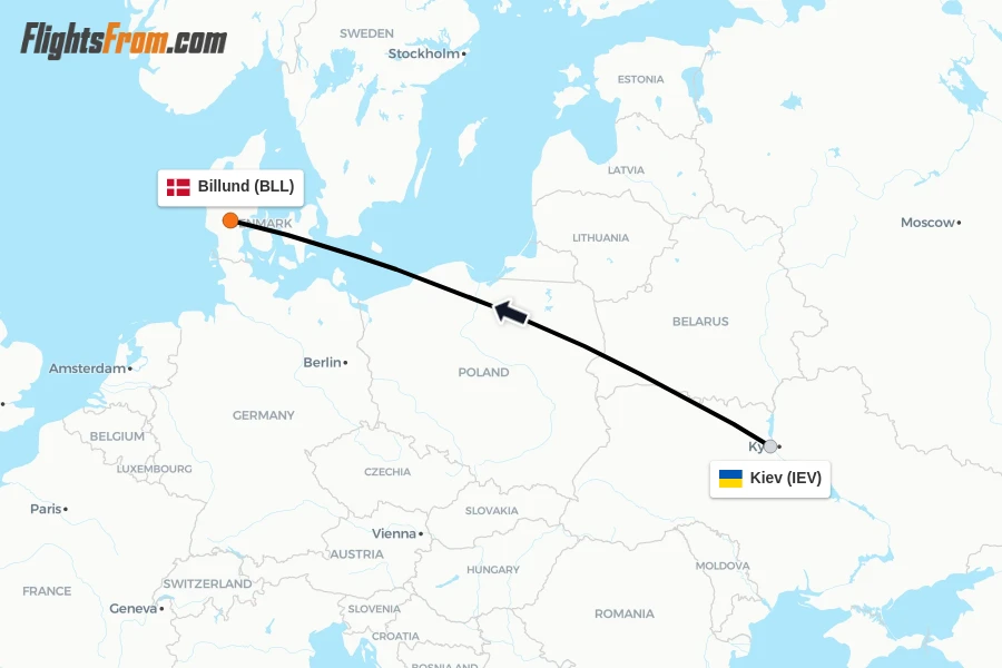 Flights from Kiev to Billund route map