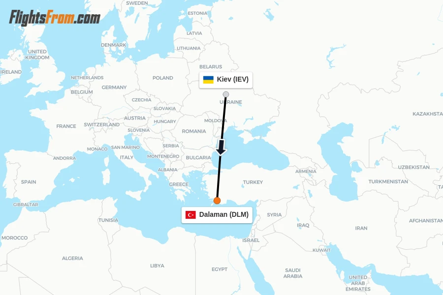 Flights from Kiev to Dalaman route map