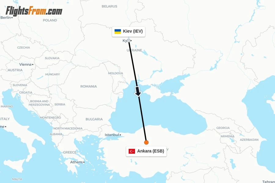 Flights from Kiev to Ankara route map